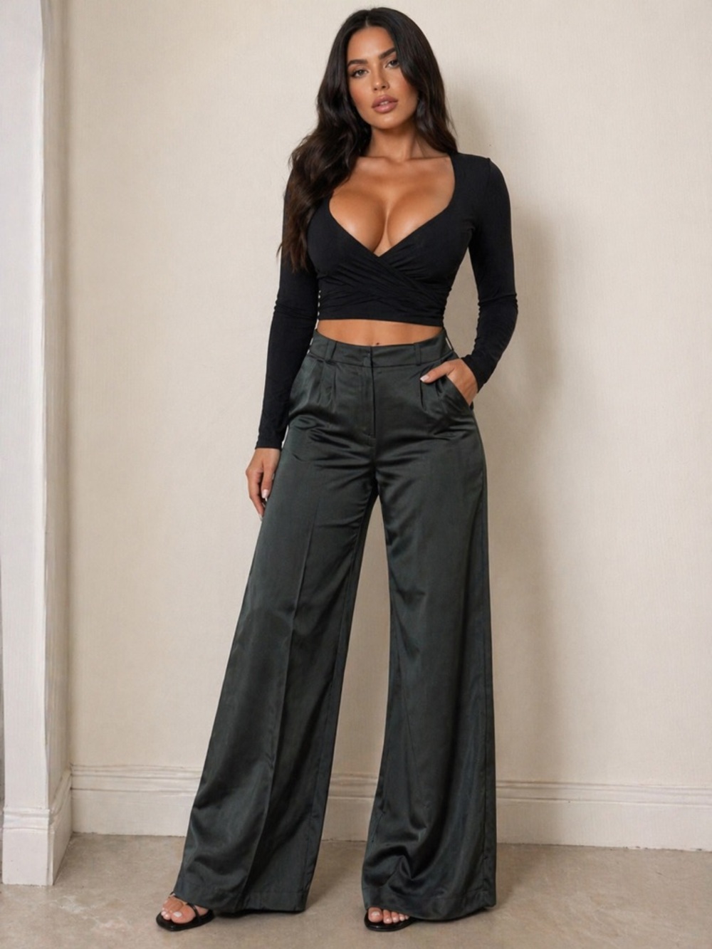 AKIRA Dark Green Wide Leg Pants Size Small – Satin High Waist Flowy Trousers NWT